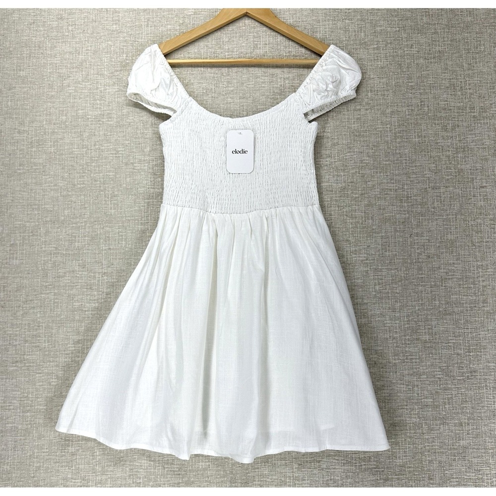 Elodie Dress Womens Size S White Smocked Linen Blend Puff Sleeve Mini Lined